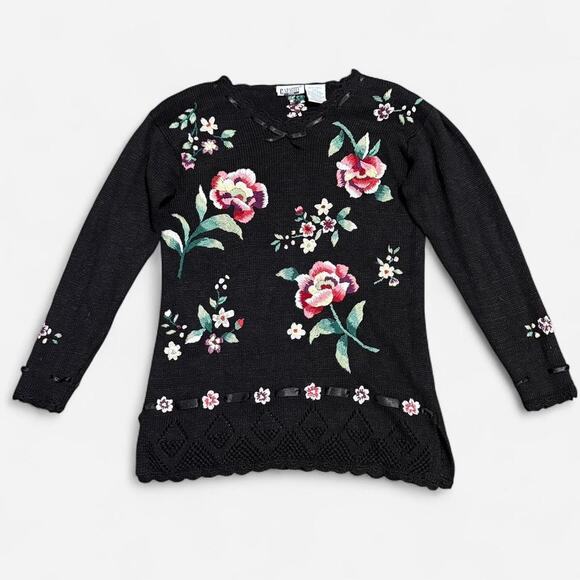 VTG 90s Capacity Black & Multicolor Floral Embroidery Dark Coquette Knit Sweater - Picture 6 of 8